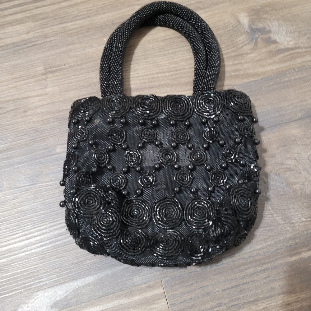 Vintage Carlo Fellini Beaded Sequined Wrist Evening Elegant Black Handbag